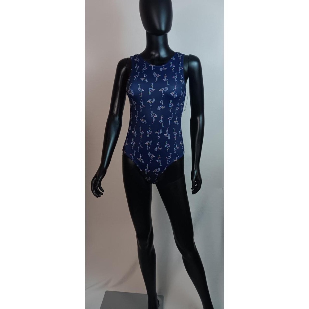 City Streets Girls Large 14 Swimwear Flamingo Print One Piece Swimsuit Navy Blue